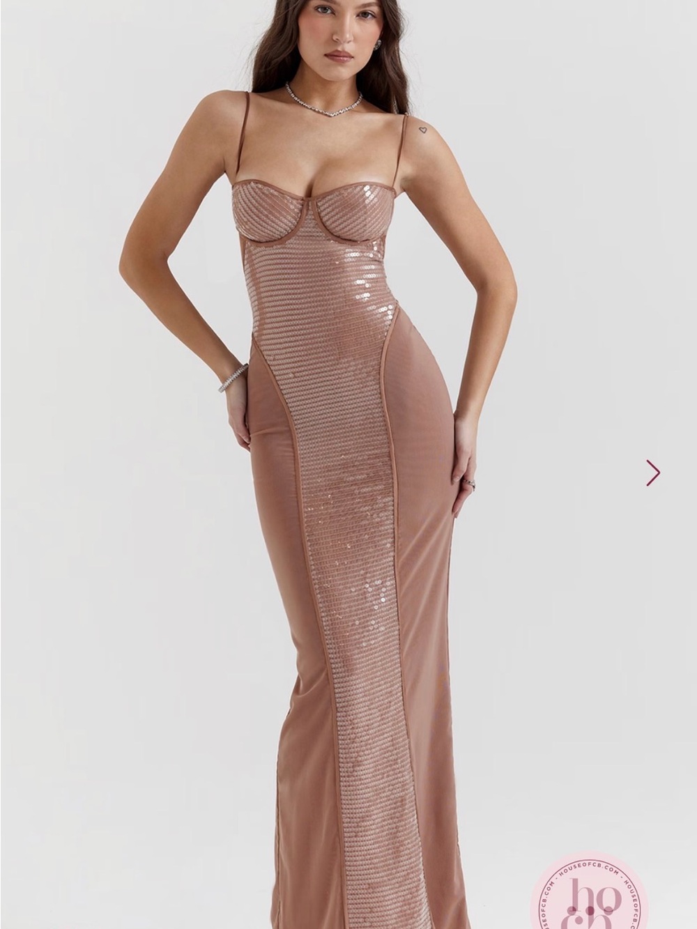 House of CB Bonita Cafe Au Lait Sequin Maxi Dress NWT